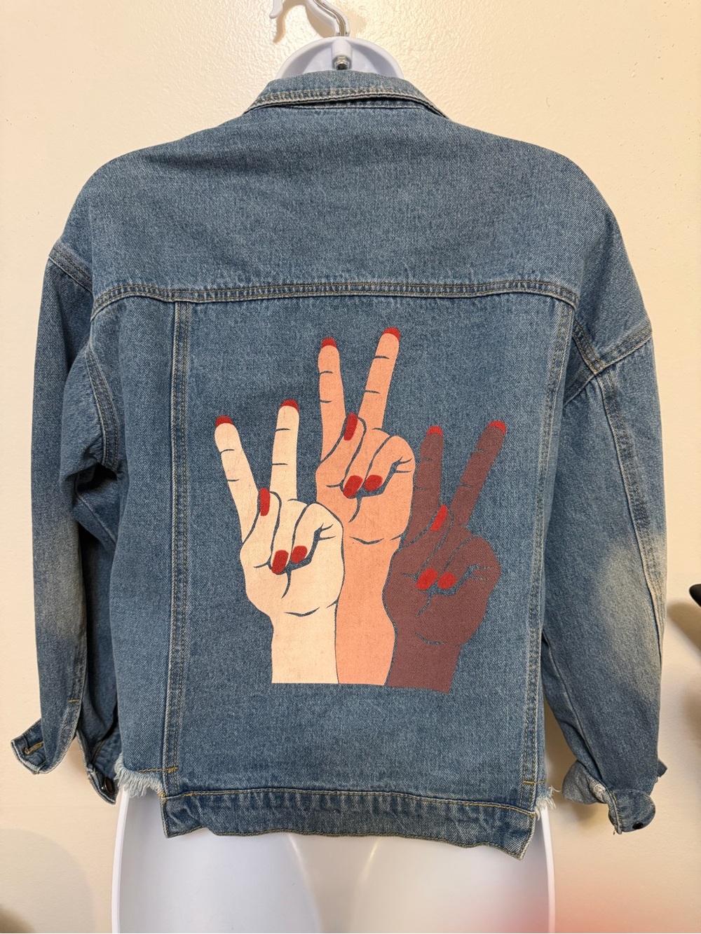 Sadie & Sage Blue Denim Jacket with Peace Hand Art